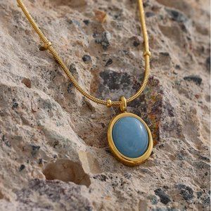 NEW 18K Gold Plated Blue Natural Stone Oval Pendant Necklace